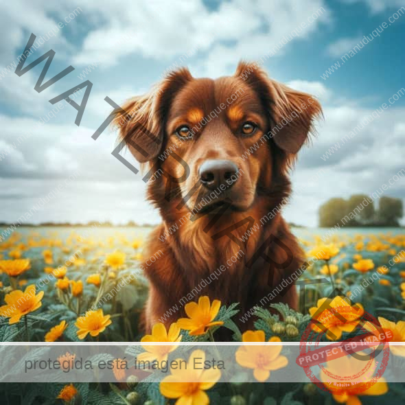 perro-marrón-sentado-campo-flores-amarillas